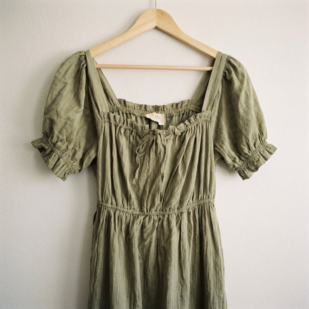 JUST FOUND Olive Green Midi Dress - Boho DÔEN Style L (Fits M) - Picture 7 of 7